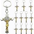 12 PCS St Benedict Keychain Baptism Favor First Communion Religious Catholic Memorial Gift Favor Two Tone Crucifix Silver Gold Accent Cross Gift Bag