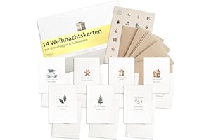 ‎MILULA STUDIOS 14 Weihnachtskarten mit Umschlag Set Pastell - Schöne Weihnachtskarten Adventskarten zum Aufklappen - Karten Weihnachten Set - Weihnachtskarte Set Postkarten - Weihnachten Karte mit Stickern D012 D012