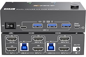 8K HDMI KVM Switch 2 Monitors 2 Computers 8K@60Hz 4K@144Hz, MLEEDA USB 3.0 Dual Monitor KVM Switch for 2 Computer Share 2 Monitor and 4 USB3.0 HUB,Wired Remote,12V Power Adapter and USB Cable Included