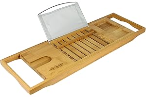 MAISON & WHITE Extendable Bamboo Bath Caddy & Tray | Adjustable Luxury Home Spa Wood Bath Tub Rest | Wine Glass, Tablet / Book, Smartphone Holder Bridge | Non-Slip Feet | M&W