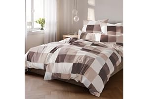 ‎PURE LABEL Pure Label Karierte Bettwäsche 4teilig 135x200 cm mit einem 2er Set Kissenbezüge 80x80 cm - Traumhaft weiches Bettwäsche-Sets 135 x 200 cm in braun aus 100% Baumwolle mit YKK Reißverschluss