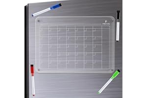 Previs Calendrier Magnétique Réfrigérateur Transparent Acrylique avec 3 Marqueurs A4 (21 x 29,7 cm) - Tableau transparent Réfrigérateur Magnétique Mensuel Acrylique