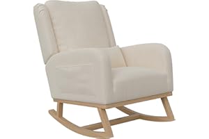 BLSYHDH Fauteuil à Bascule,Chaise à Bascule Bois Rocking Chair Exterieur avec Dossier Fauteuil Allaitement pour Chambre à Coucher Salon Balcon (Lin, Beige)
