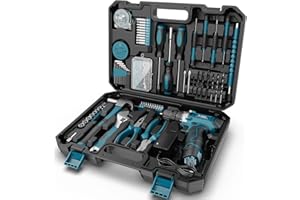 Sundpey Caisse a Outil 206 Pcs, Visseuse Devisseuse Sans Fil 12V pour Serrer/Desserrer des vis, Malette Outils avec Perceuse-Visseuse pour Bureau, Réparation à Domicile avec Tournevis et Pinces, Bleu