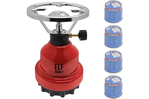 ELFMONKEY Hornillo de camping E190 | Set de cocina de gas de metal y cartucho de gas de Stechgas | estufa de gas | camping, accesorios de emergencia: modelo: rojo + 4 cartuchos de gas