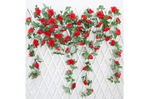 JUSTOYOU 2 Pack 7.2ft Artificial Fake Rose Garland Vines Colgando Flores de Seda para la Pared de la Boda al Aire Libre Interior Decoración del baño Badroom (Rojo)