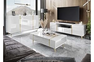 lukmebel Onyx Wohnzimmerset Auf Goldenen Beinen DREI Elemente Elegantes Und Modernes Design Leicht Zu Reinigen Abrieb- Und Kratzfest Laminierte Platte Weiß