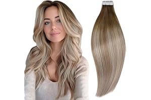RUNATURE Extension Biadesivo Capelli Veri Balayage 20 Pollice/50cm Extension Biadesive Capelli Veri Lisci Marrone a Castano Chiaro con Biondi #3/8/22 Tape in Human Hair Extensions 20 Pezzi/50g