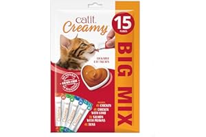 Catit Creamy Variety Pack Lickable Cat Treats for Cats and Kittens, Cat Treat Licky Snack, Grain-Free Lick Treat, 15 x 10g Multipack