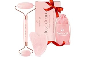 PLANTIFIQUE Gua Sha y Rodillo Facial de Cuarzo Rosa - Masajeador Facial Antiarrugas para Tonificar la Piel - Face Roller - Rodillo Masaje y Guasha de Piedra Natural