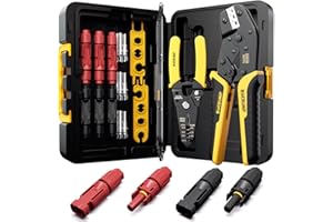 DxCRIMP Zestaw Szczypce do Zagniatania Solar, 6 par czarnych i czerwonych męskich/żeńskich złączy do paneli słonecznych + Szczypce do zaciskania solarnych[2,5-6 mm²] + ściągacze izolacji + klucze