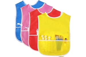SENCC 4 delantales de arte para niños, impermeables con 2 bolsillos, 4 colores sin mangas para artistas, para aulas, eventos comunitarios, manualidades y actividades de pintura artística, 2-7 años
