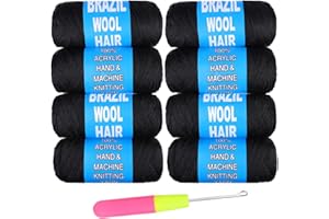Samtress Brazilian Wool Hair Acrylic Yarn 8 Roll Natural Black 100% Brazilian Wool Hair for Crochet Braids Faux Locs Knitting Hair Synthetic Fiber Hair Extensions (#Black)