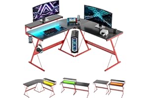 Bestier Escritorio para Juegos en Forma de L Escritorio para Computadora de 140 cm con Luces LED Escritorio de Esquina con Portavasos Estación de Trabajo Moderna Ergonómica para la Oficina en Casa