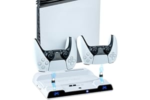 Mcbazel PS5 Cooling Stand with Dual Controller Charging Station, Multifunctional Vertical Stand for Playstation 5/Slim/Pro Consoles, Includes 4 Type-C Adapters, USB Cable, and Headset Holder, White
