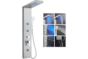 KEOKBON Shower Panel Column Tower- Waterfall, Rainfall Shower Head, Handheld, 3 Body Jets(2 Modes) and Waterfall Bathtub Spout, 6 in 1 Black Shower Column System Set with Led Light