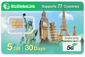 EIOTCLUB Tarjeta SIM de prepago para viajes, tarjeta SIM de BizGlobeLink Internacional de 5 GB 30 días de uso en 77 países, solo datos, 5G/4G LTE, sin contrato, recargable, para teléfonos móviles,