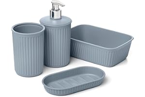 Tatay Set de 4pcs Sobremesa de Baño (Vaso + Dosificador + Jabonera + Organizador A6) Baobab, de Plástico, Libre de BPA, Azul Mist (6391100)
