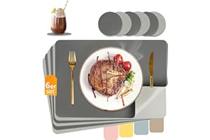 HELI MIAO Tischsets Abwaschbar,Platzsets Abwischbar,Tischset Leder,Hitzebeständig Doppelseitigen I 6er Set Platzdeckchen Lederoptik mit Untersetzer,Tischuntersetzer,Platzdecken（Anthrazit+Hellgrau）