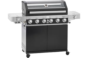 RÖSLE Gasgrill BBQ-Station VIDERO G6-S Schwarz, Grill mit 6 Edelstahlbrennern, extra Primezone und Seitenbrenner, klappbare Seitentische, VARIO+, pulverbeschichteter Stahl