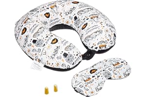 amazon basics Memory Foam Travel Neck Pillow with Eye Mask and Ear Plugs Combo, Unisex, U-Shaped, Travel Wonder, Multicolor