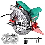 Circular Saw, 1500W HYCHIKA Electric Saw with Speed 4700RPM, Laser Guide, 24T/40T Blades(190mm), Max Cutting Depth: 90°: 65mm