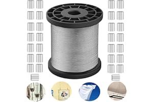RMTCEG 50m Drahtseil 1mm Stahlseil aus 304 Edelstahl - 7x7 Weich/Flexibel, 40 Stk M1 Alu Crimpschlaufenhülse für Stahlseil Aufhängung Gardinen Vorhang Drahtstange Edelstahlkabel (50m X 1mm)