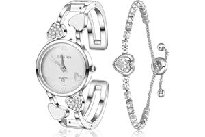 HERDEAR Heart Shaped Watch and Bracelet Set for Women Girls Ladies Bangle Watches Elegant Diamond Rhinestone Slim Wrist Watch Silver Crystal Bracelet Bangle Party Gift for Lover Girlfriend Her