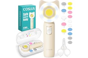 COSLUS Baby Nail File Electric: 16 in1 Safe for ​​Sleep Trim Grind Gentle Baby Nail File with Quiet Design 360° Light 5 Grinding Heads 10 Adhesive Pads Suitable for Multiple Age Groups