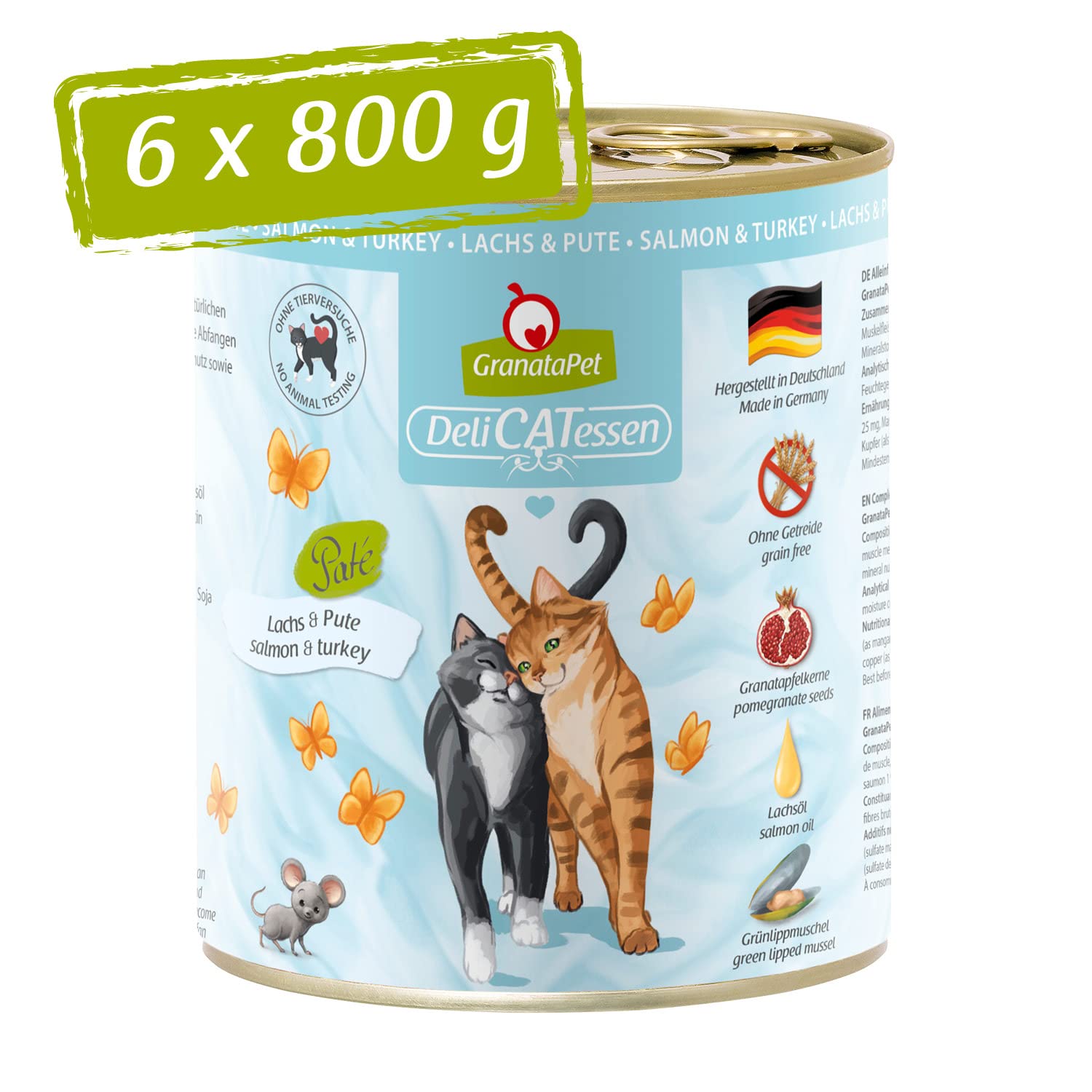 GranataPet Delicatessen Salmón y Pavo, Comida húmeda para Gatos, Comida para Gatos para gourmets, pienso sin Cereales y sin azúcares añadidos, 6 x 800 g