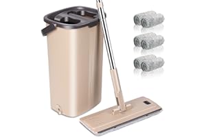 Myiosus Serpillière Seau Essoreur, Balai Serpillère Professionnelle avec Manche en INOX 134cm, Mop Serpillere avec 2 Compartiments, Balais Nettoyer Sol avec 6 Tampons en Microfibre