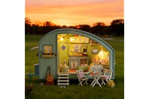 CUTEROOM Kit de Casa de Muñecas en Miniatura de Madera DIY - Caravana Retro con Música y Luces LED (Decoración