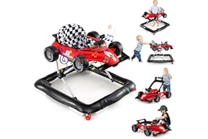 GOPLUS Trotteur Bébé Garçon 4 en 1, Trotteur Marche Bebe Fille Pliable avec 3 Hauteurs Réglables, Musique, Lumières, Roue Antidérapante, Charge 12 KG pour 6-12 Mois (Rouge)