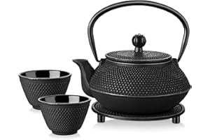 Velaze - Teteras de hierro fundido y taza de hierro con infusor, tetera de inducción esmaltada negra de 700 ml, juego de teapot de hierro tradicional con cesta de acero inoxidable, bandeja de hierro