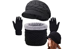 CHECHURY CheChruy Femme Tricoté Béret Écharpe à Boucle Gants 3 Pièces Ensemble Chaud Cache-Cou de Doublure Polaire et Bonnet Tricot Hiver Chapeau