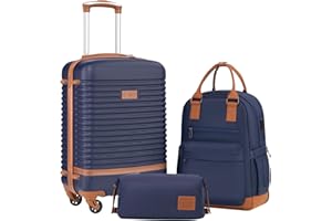 COOLIFE Suitcase Trolley Carry On Hand Cabin Luggage Hard Shell Travel Bag Lightweight with TSA Lock,The Suitcase Included 1pcs Travel Backpack and 1pcs Toiletry Bag (Blue/Brown, 20 Inch Luggage Set)