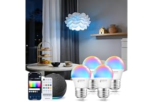 Aigostar - Inteligentna żarówka G45 Mesh Bluetooth. 2700–6500K, ściemnialna RGB. Gwint E27, 6,5 W, 555 lm. Inteligentna żarówka LED kompatybilna z Alexą. W zestawie pilot. 4 sztuki