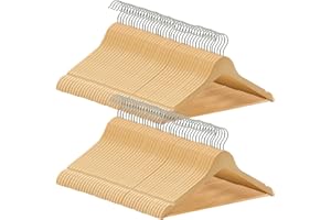 ABHENG Juego de 80 Percha de Madera Maciza, Muescas en Hombros, Robusta y Brillante Percha, Gancho Giratorio 360°, Barra Antideslizante para Pantalones, 44,5 x 1,2 x 23 cm,Natural, AWY0380N