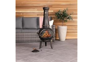 CHARLES BENTLEY Outdoor, Garden, Patio, Extra-Large Open Bowl Mesh Cast Iron and Steel Chiminea, Patio Heater, Easy To Assemble, Grill And Poker Included, BBQ Grill Included, Tripod, Black (120x43cm)