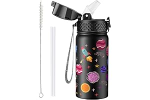 OLDLEY Botella Agua Aislada Acero Inoxidable para Niños 420ml/14oz con Pajita Reutilizable Aspiradora Metal Prueba Fugas Mantenga las Bebidas Calientes y Frías para Escuela, Niños Niñas(Negro Espacio)
