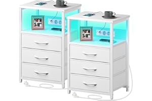 ‎ROLANSTAR Rolanstar Nachttisch mit Ladefunktion & LED, 2er-Set Sofatisch mit 3 Stoffschubladen, USB-Anschlüssen & Steckdosen, Beistelltische für Wohnzimmer Schlafzimmer, weiß, 40 x 30 x 60 cm