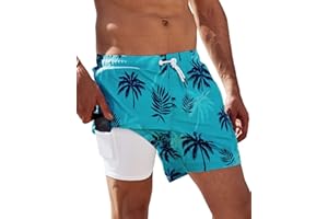 Arcweg Men's Swimming Shorts with Compression Liner Mens Swimming Trunks 2 in 1 Swim Shorts with Lining with Zipper Pockets Quick Dry Surfing Stretchy Beach Shorts