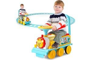 COSTWAY Kids Electric Ride on Train with Tracks, Storage Seat, Flashing Lights & Music, 6V Battery Powered Ride on Toy Car for Children Toddler Gifts (Blue)