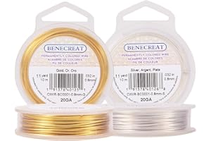 BENECREAT 20m 0.8mm Alambre de Cobre Cable Metal Alambre de Joyería para Manualidad Dorado y Plateado Calibre 20, 10m/Rollo, 2 Rollos