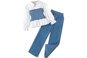 HUTTAM Ensembles Fille 5-12 Ans Chic et Elegant Ceremonie Soiree Top Haut Peplum Fille ado plissé Manche Longue Chemisier Blouse Automne et Pantalon Fluide Leger Tenue Enfant Fille