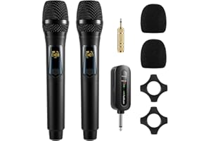 FerBuee UHF Micrófono Inalámbrico Dual Dynamic Micrófono con Receptor y Anillo Antideslizante, Micrófono Inalámbrico, Sistema de Micrófono Inalámbrico para Karaoke, Reuniones, Compere