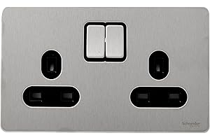 Schneider Electric Ultimate Screwless Flat Plate - Switched Double Power Socket, Double Pole, 13A, GU3420DBSS, Stainless Steel with Black Insert, 2 Gangs