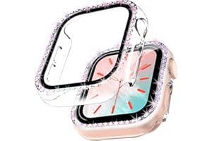 TOCOL 2 Pezzi Brillantini Cover per Apple Watch 9 8 7 45mm con 9H in Vetro Temperato, Copertura Completa Custodia Rigida Senza Bolle Anti-Graffio HD Clear Pellicola per Apple Watch 45mm - Trasparente