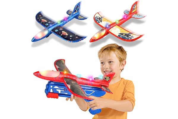 Avion Polystyrene Planeur avec Pistolet Catapulte, 3 Pièces Avion Jouet Volant Enfant LED Maquette Avion, Jeux de Lancer Exterieur Intérieur Cadeau Anniversaire Garçon Fille Ado 3 4 5 6 7 8 9 10+ Ans