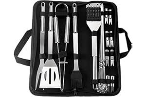 NAUDILIFE Set di 20 posate per barbecue, accessori per barbecue, regalo per uomini con guanti e tappetino da barbecue, in acciaio inox di alta qualità per il giardino e il campeggio per uomini e donne